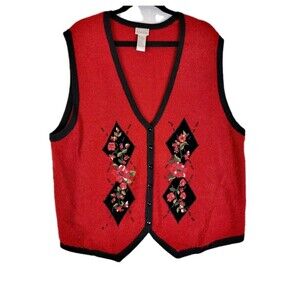 Koret Sweater Vest Red Black Embroidered Diamond Floral Women's 1X Wool Blend